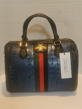 Navy Croc-Embossed Satchel with Red & Green Stripe and Gold Bee